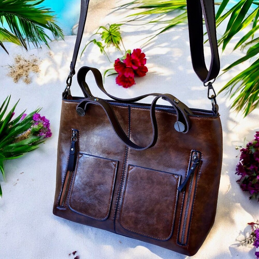 Vintage Handbag Vegan Faux Brown Leather Crossbody or Hand Carry
